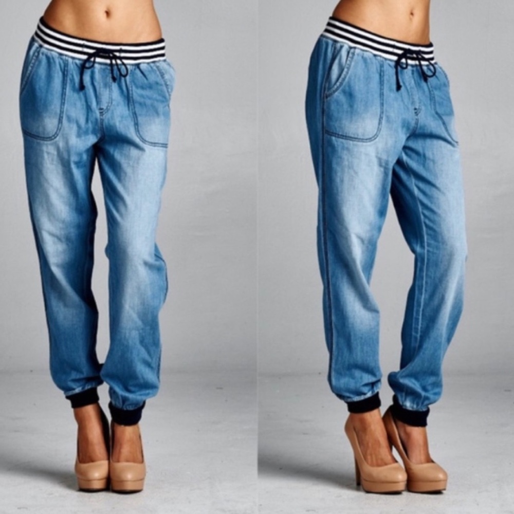 Medium wash Chambray drawstring pockets Joggers - Picture 1 of 2